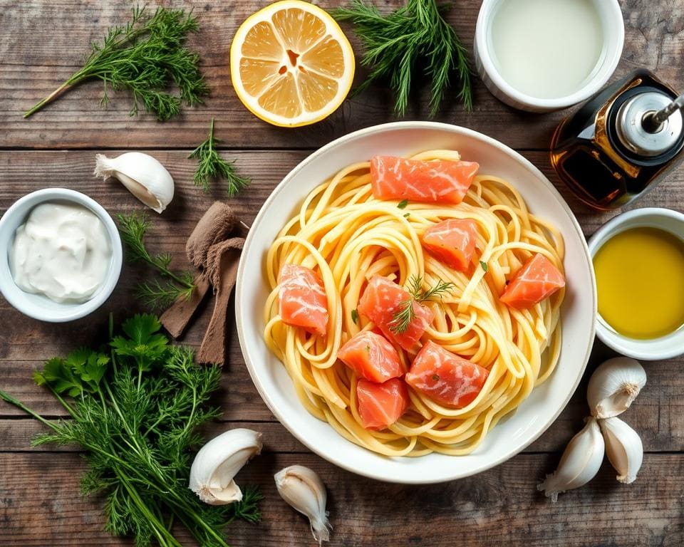 Ingrediënten voor het recept pasta met zalm Ingrediënten voor het recept pasta met zalm