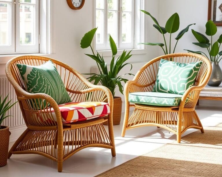 Rieten stoelen met een moderne stoffen bekleding